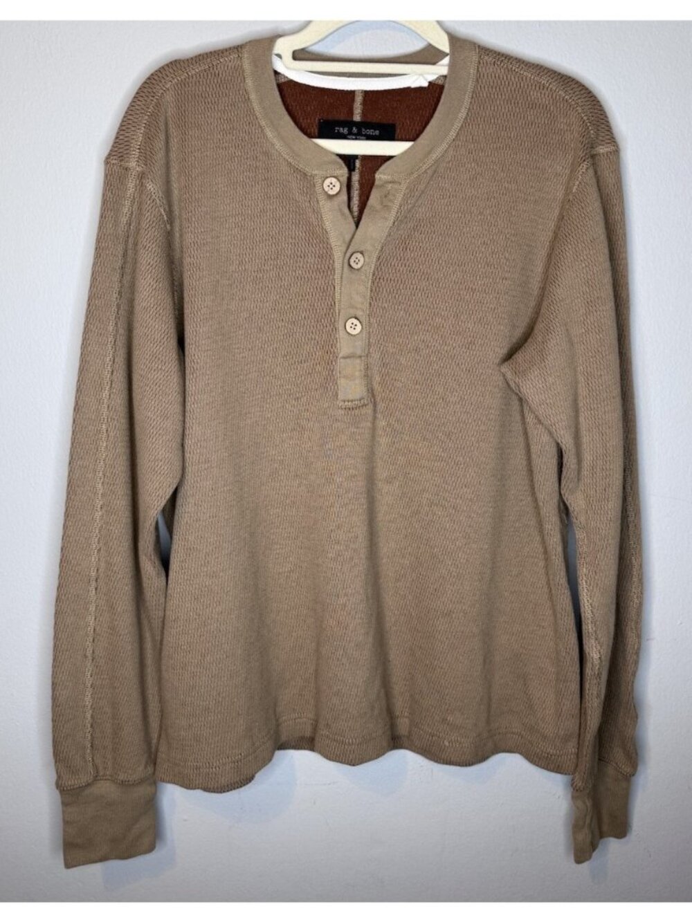 Men’s Rag And Bone Waffle Knit Henley Shirt Medium Brown Long Sleeve